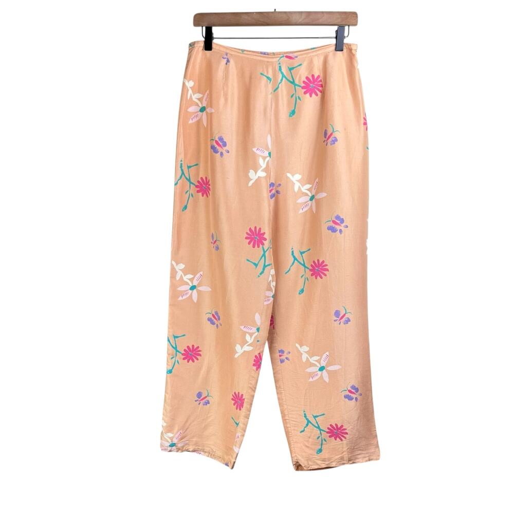 Vintage Natalie & Me 100% Dupion Silk Orange Floral High Waist Cropped Pants